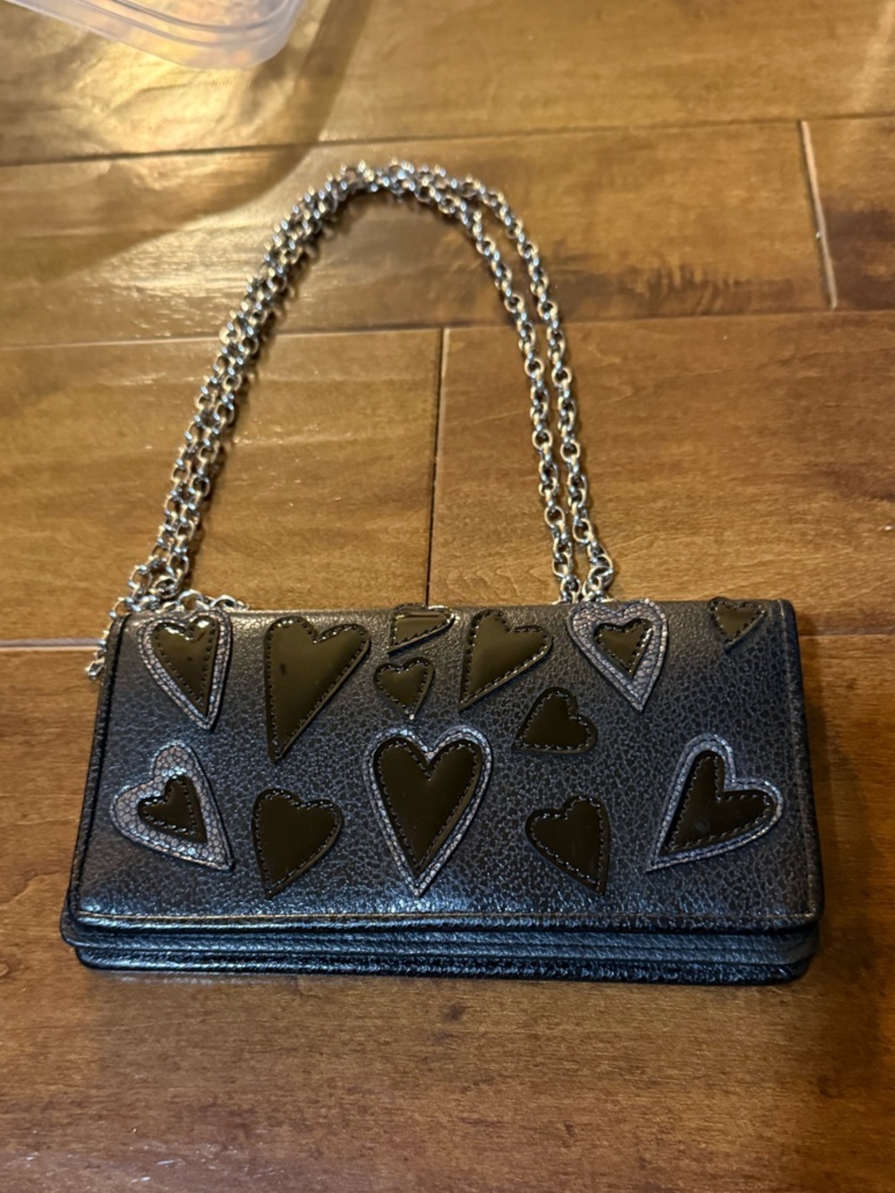 Brighton Black Heart-Appliqué Chain Clutch Crossbody Shoulder Bag